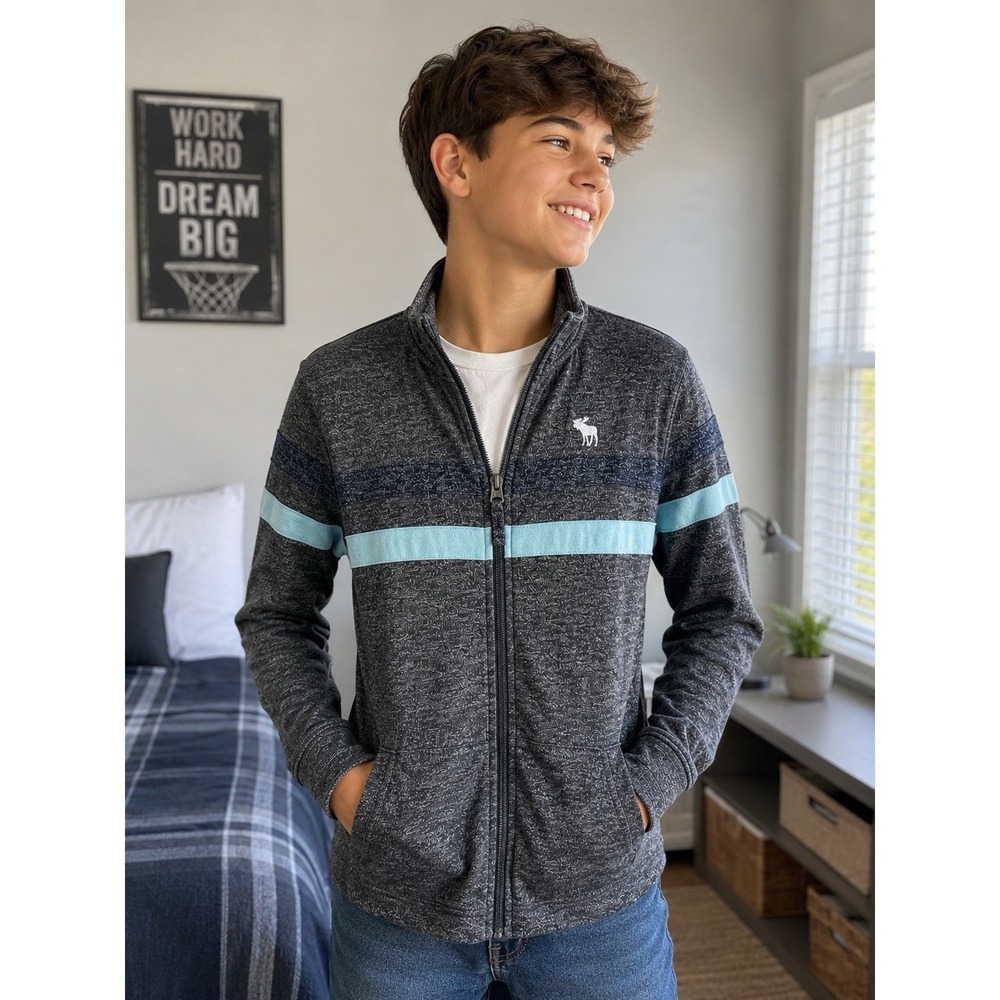 Abercrombie Kids Gray Blue Stripe Full Zip Soft Knit‎ Jacket 15/16